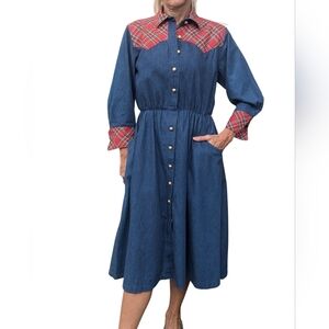 Vintage Sabino 80s Western Cotton Chambray Button Up Midi Plaid Shirt Dress 8